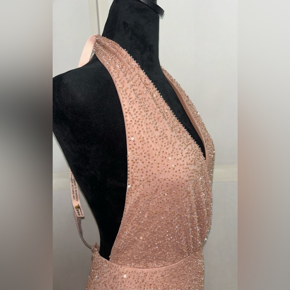 Oh Polly Embellished Plunge Neck Backless Halter Jumpsuit Beige Beaded Sequins 2 - Picture 10 of 15
